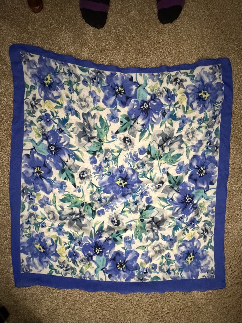 Floral Blue Silk-Look Scarf - Women's Accessory 30.25 inch by 33 inch